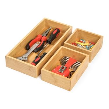 Imagem de Vincona Conjunto de organizadores de gaveta de bambu, organizadores de armazenamento de madeira multiuso de 3 peças, bandeja de gaveta de mesa para cozinha, banheiro, escritório, cômoda, caixa de