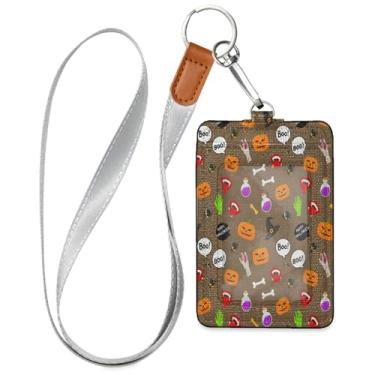 Imagem de Wassud Porta-crachá de couro PU com cordão de elementos temáticos de Halloween, porta-cartão de identificação para trabalho, cordão de pescoço com compartimentos para cartões de crédito, funcionários