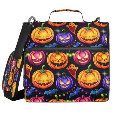 Imagem de STAYTOP Fichário escolar de abóbora de Halloween com alça de ombro, anéis de vedação de 3,8 cm, capacidade para 600 folhas, pasta de arquivos expansível, vários bolsos e organizador de armazenamento