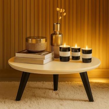 Imagem de Mesa de centro redonda em PVC estilo retrô com pés em formato de fuso, ideal para decoração de salas de estar modernas(Off-White/Preto)