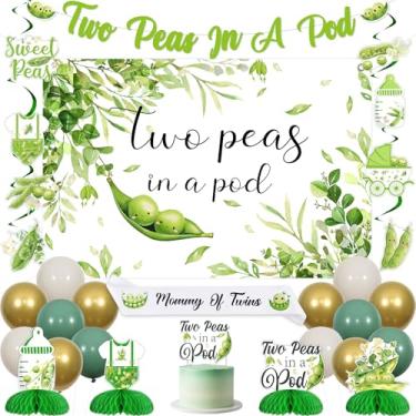Imagem de Cheereveal Decorações de chá de bebê gêmeos de duas ervilhas em uma cápsula, faixa de fundo de ervilhas doces de desenho animado, redemoinhos pendurados, faixa de mamãe de gêmeos, vegetais divertidos