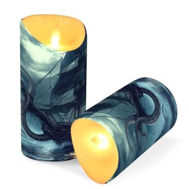Imagem de Blueangle Pacote com 2 velas sem chama de navio pirata com controle remoto e temporizador, velas LED cintilantes (7,6 cm x 9,9 cm) para decoração de casa, casamento, acampamento (104)