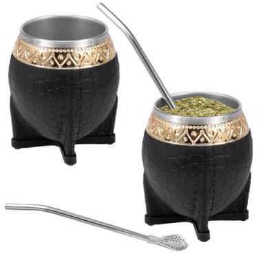Imagem de Conjunto de copos de erva-mate, 227 g, estrutura a vácuo de camada dupla com aparência elegante, caneca de chá de cabaça com colher de canudo de aço para beber chá em casa, uso no escritório