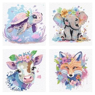 Imagem de VividMeng Pacote com 4 kits de arte de diamante para crianças, kit de pintura de diamante de animais fofos 5D para iniciantes, kits de artesanato de arte de pedras por números para meninos e meninas