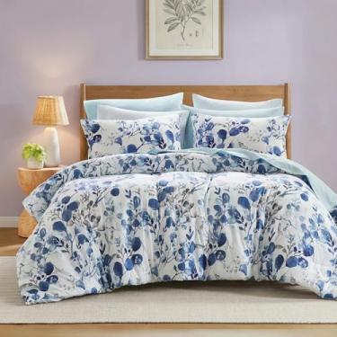 Imagem de Regency Heights Conjunto de edredom botânico leve Seersucker King, design reversível, cama em uma bolsa, conjunto de cama de microfibra premium, azul