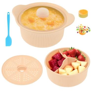 Imagem de Vaporizador de silicone para micro-ondas de 1,2 L, 3 compartimentos para vegetais e peixes, comida de bebê, panela de micro-ondas com alça e tampa, pode ir à lava-louças (bege)