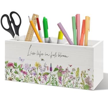 Imagem de ANIANG Organizador de caneta floral rústico de primavera, decoração de mesa de primavera, vida viva em plena floração flores silvestres motivacionais porta-lápis de madeira para acessórios de mesa de