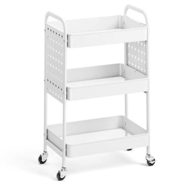 Imagem de TOOLF Carrinho de rodinhas de 3 níveis com tábua de pendurar DIY, carrinho utilitário de metal com rodinhas e alças de cestos, ganchos, carrinho de armazenamento adequado para banheiro, cozinha