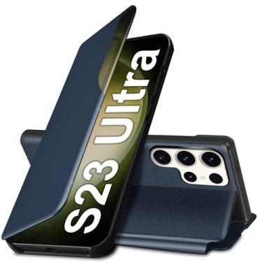 Imagem de Capa S23 Ultra Flip para Samsung Galaxy S23 Ultra 5G, capa de couro slim fit transparente para Samsung S23 Ultra capa de telefone com suporte, resistente, resistente, à prova de choque (azul)