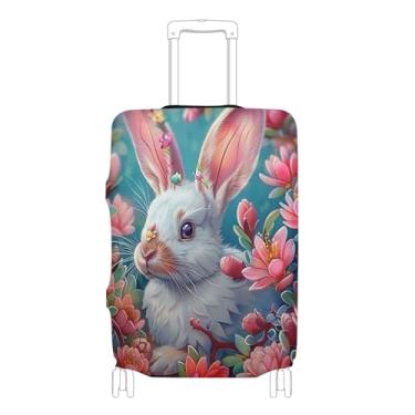 Imagem de Joisal Capa de mala de coelho branco flores rosa fofo protetor de bagagem identificadores de bagagem essenciais de férias manga de mala, P, serve para capa de 45 a 50 cm, flores rosa coelho branco, L