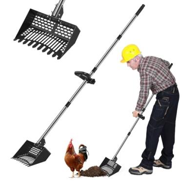 Imagem de Colher de esterco de galinha para peneirar zonas – Ancinho e peneira 3 em 1 ajustável com cabo inoxidável de 71 a 139 cm para limpeza em stand-up coop, areia de gato, areia de praia e barraca de