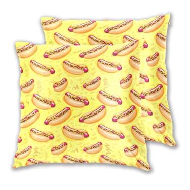 Imagem de Joitme Conjunto de 2 capas de almofadas amarelas claras de cachorro-quente de desenho animado, capa de almofada de sofá de cama fofa, decoração de sala de estar, 50 x 50 cm, 2 peças