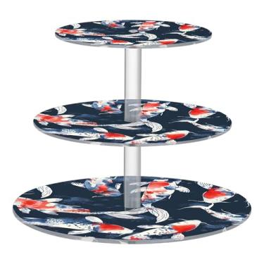 Imagem de Aquarela, azul, vermelho, peixe, 3 camadas, suporte de cupcake para festa, exibição de acrílico, torre de cupcake, formatura, decoração de chá, bandeja de servir, suporte de comida, rosa