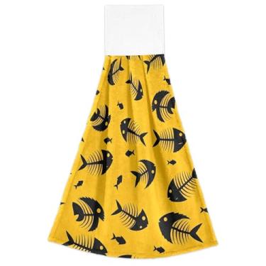 Imagem de Joisal Toalhas de mão para pendurar no outono, esqueletos de peixe preto, toalhas de dedo de forno amarelo, conjunto de 2, toalhas de cozinha macias e absorventes decorativas, 46 x 35 cm