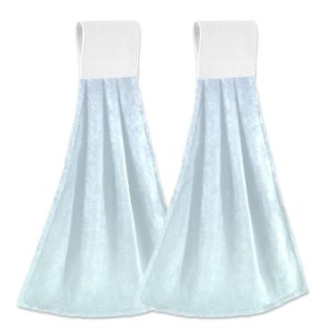 Imagem de Toalhas de mão elegantes azul claro ciano gradiente com laço para pendurar, toalhas de cozinha de lã coral macia, pacote com 2 panos de prato decorativos para casa, banheiro, conjunto de toalhas
