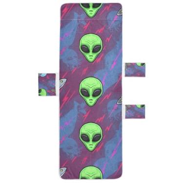 Imagem de Green Alien Heads Azul Roxo Chaise Lounge Toalhas de Cadeira de Praia Toalha de Cadeira de Praia com Bolso Superior Engraçado Espreguiçadeira de Praia 216 cm x 76 cm