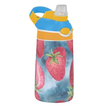 Imagem de Garrafa de água infantil azul morango vermelho aquarela 473 ml Tritan garrafa de água esportiva reutilizável com tampa de canudo 473 ml copo infantil portátil à prova de vazamento, alça de transporte