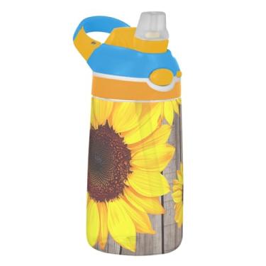 Imagem de Garrafa de água esportiva infantil Tritan de 473 ml com tampa de canudo garrafa de água à prova de vazamento para escola reutilizável copo infantil de 473 ml, alça de transporte, listras amarelas