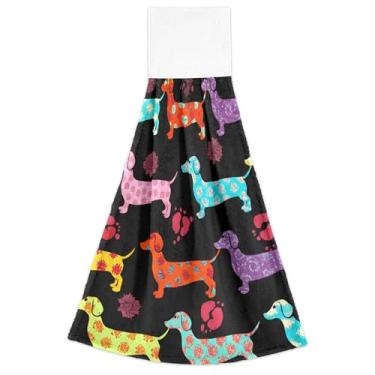 Imagem de Joisal Toalhas de mão com laço de pendurar desenho animado colorido cachorro preto conjunto de 2 toalhas de gravata de forno, macio absorvente bonito casa e cozinha, 18,2 x 14 polegadas