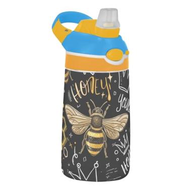 Imagem de Golden Bees Honeycombs Garrafa de água infantil preta 473 ml Tritan garrafa de água de plástico portátil com tampa de canudo 473 ml copos de viagem infantis à prova de vazamento reutilizáveis, alça de