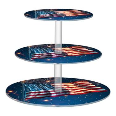 Imagem de Bandeira Americana Fogos de artifício Blue Tea Party Cupcake Stand 3 camadas redondo acrílico display copo torre de bolo decoração de festa de chá bandeja de servir comida suporte de casamento