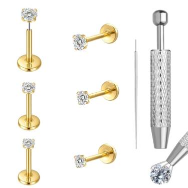 Imagem de VOJO 3 pares de brincos de moissanita e titânio, 20 g de labret sem rosca para mulheres, piercing de nariz de cartilagem Tragus, brincos hipoalergênicos, samll, Titânio, Moissanita