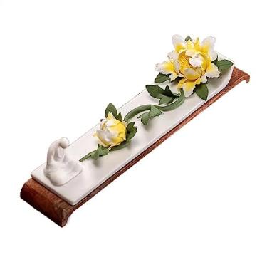 Imagem de porta-vara de incenso Queimador de incenso cerâmica requintada em forma flor linha Zen interior bandeja chassi madeira(C)