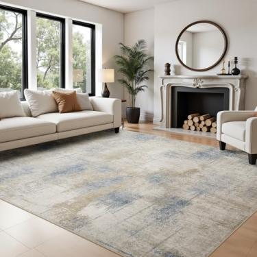 Imagem de Joydeco Tapetes modernos abstratos laváveis 12 x 18 cm para sala de estar, tapete lavável à máquina para quarto, estampa de lã sintética, antiderrapante, neutro, pilha baixa, resistente a manchas