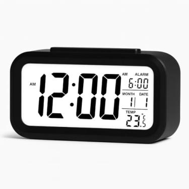 Imagem de Relógio Digital De Mesa Despertador A Pilha Com Termômetro e Calendário Luz Noturna Branca Design Moderno e Compacto para Quarto Escritório e Viagem (Preto)