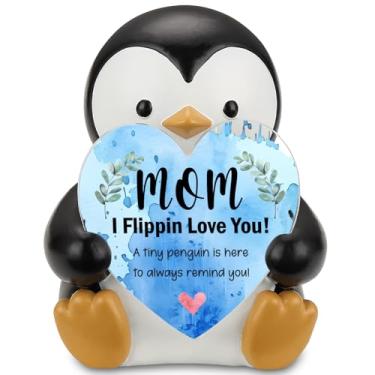 Imagem de YODOCAMP Estatueta de pinguim Mom I Flippin Love You com placa de coração, presente sentimental de filha ou filho, placa de mesa inspiradora, lembrança de aniversário, Natal, dia das mães, decoração