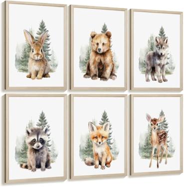 Imagem de Decoração de parede de berçário de animais da floresta conjunto de 6 arte de parede de quarto de meninos da floresta decoração de parede em tela animal infantil impressões de arte aquarela urso veado