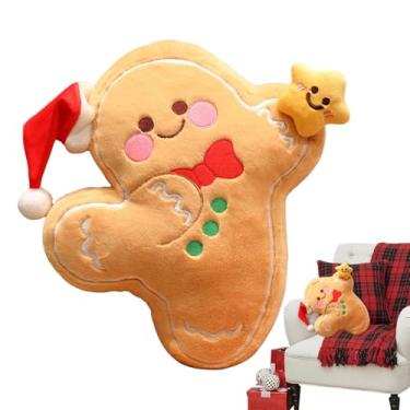Imagem de Hamosky Almofada de Natal para homem de gengibre com chapéu de Papai Noel e estrela, almofada fofa de pelúcia de biscoito, 40 cm/15,7 pol, decoração de férias para sofá, sala de estar, berçário