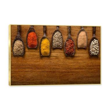 Imagem de NHLDZYH Moldura dourada. Arte de parede em tela de especiarias coloridas e colher de tempero | Decoração de cozinha vintage | Arte moderna para casa e sala de jantar. C76. 30 x 45 cm-11,8 x 17,7 pol