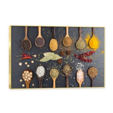 Imagem de NHLDZYH Moldura dourada. Arte de parede em tela de especiarias coloridas e colher de tempero | Decoração de cozinha vintage | Arte moderna para casa e sala de jantar. C78. 60 x 90 cm - 23,7 x 35,5 pol