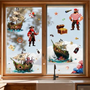 Imagem de ANATTASOUL Adesivos de janela estática de piratas e navios piratas, 1 folha de decalques reutilizáveis para vidro, adesivo removível de janela dupla face de 120 cm x 30 cm para decoração de quarto