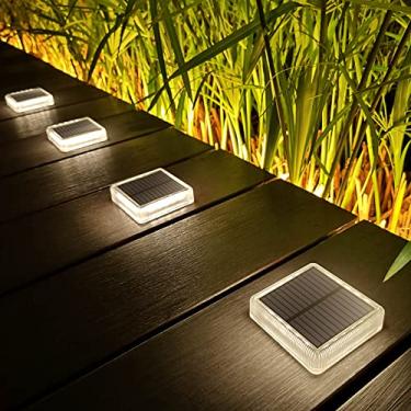 Imagem de Lacasa Luzes solares para deck, pacote com 4 lâmpadas de LED de 30 lm branco natural 4000 K, luzes de pisada alimentadas por energia solar para ambientes externos IP68 à prova d'água liga/desliga automático para iluminação de caminhos de garagem
