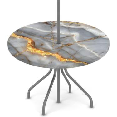 Imagem de Pardick Toalha de mesa redonda de mármore com orifício para guarda-chuva, toalha de mesa com zíper, redonda, elástica, impermeável, toalha de mesa de 114 a 142 cm, toalha de mesa para piquenique ao ar