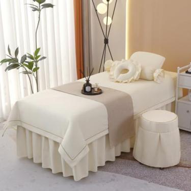 Imagem de Tampo de mesa de massagem, colcha de beleza 7 peças de luxo algodão e linho salão de beleza especial massagem profissional capa de cama com bolso conjunto de lençóis de mesa de xampu cor sólida bege |