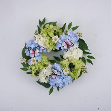 Imagem de Valery Madelyn Guirlandas de primavera e verão para porta da frente com luzes, guirlanda floral de hortênsias de seda azul verde branco com folhas de eucalipto borboleta para decoração de arco de casa