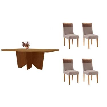 Imagem de Sala Jantar Mesa Nevada Tampo Curvo 180cm+6 Cadeiras Tilia Madeira Naturale - Capuccino/Linho Capuccino - Rufato