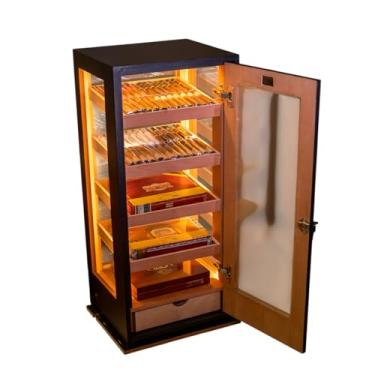Imagem de Armário Umidor Preto para Charutos, Capacidade 272 Charutos, 4 Prateleiras Removíveis, Gaveta Inferior, LED Interno, Termohigrômetro Acoplado