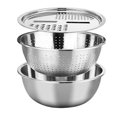 Imagem de Coador 3 em 1 cozinha raladores multifuncionais cortador de legumes cortador e ralador com cesta de drenagem de aço inoxidável e bacia para legumes frutas queijo arroz recipiente