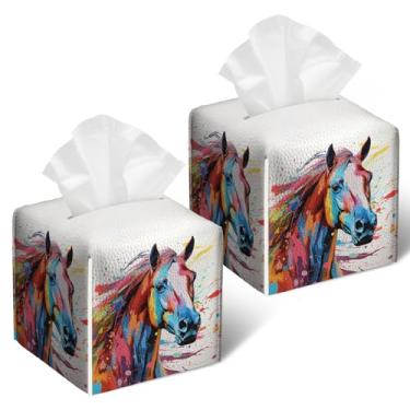 Imagem de Capa de caixa de lenços de cavalo colorido, 2 peças, suporte de caixa de lenços de couro de animais, caixa de papel facial quadrada, organizador de cubos para banheiro, quarto, mesa, escritório