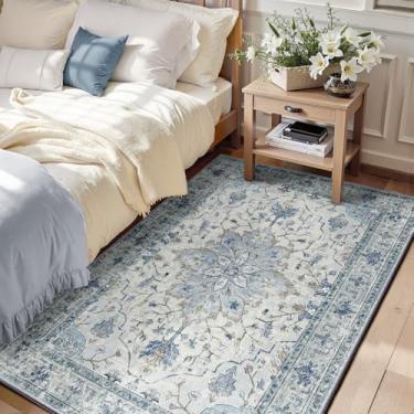 Imagem de RELEANY Tapetes de área 9,5 x 10 cm lavável, antiderrapante, floral, vintage, estampa de angústia, tapete medalhão para sala de estar, quarto, sala de jantar, azul claro, azul-marinho, bege, cinza