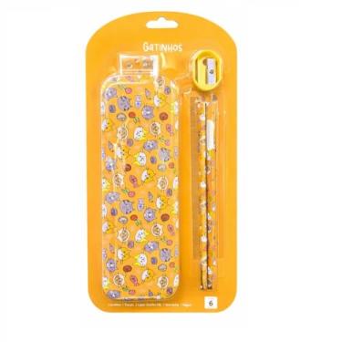 Imagem de Kit Estojo Escolar de Metal com 2 Lápis Borracha Apontador e Régua