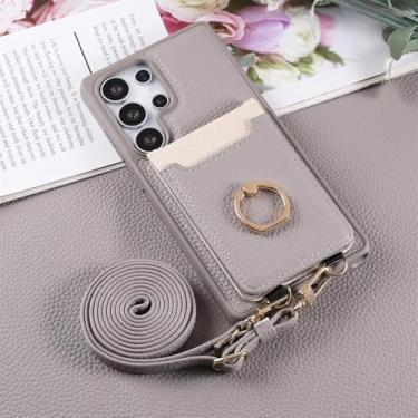 Imagem de Capa carteira para celular com alça transversal, compartimentos para cartões, suporte integrado e design de anel para Samsung Galaxy S25 Edge, S24 FE, S23 Ultra e S22 Plus, na cor cinza.