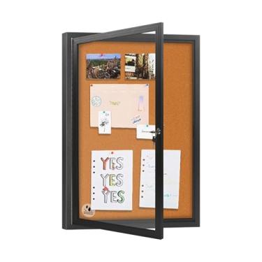 Imagem de OUOFS Quadro de avisos fechado ao ar livre à prova de intempéries 91 x 61 cm, quadro de avisos de cortiça bloqueável com porta de bloqueio de vidro temperado, exibição segura para avisos, pôsteres e