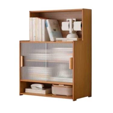 Imagem de x3anggyt5 Prateleira de livros de mesa de vários níveis, prateleira de armazenamento de bambu, com porta deslizante de plástico para casa, material de estudo oficial, organizador de estante