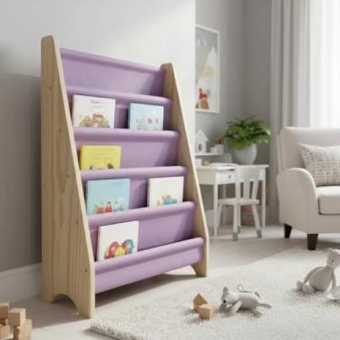 Imagem de Estante De Livro Infantil Montessoriano Madeira 5 Bolsos(G Tecido Lilás)
