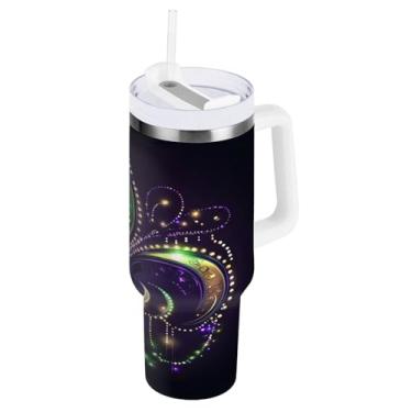 Imagem de Blueangle Copo isolado para Mardi Gras de 1,134 g com alça e tampa de palha, caneca de viagem reutilizável de aço inoxidável (284)
